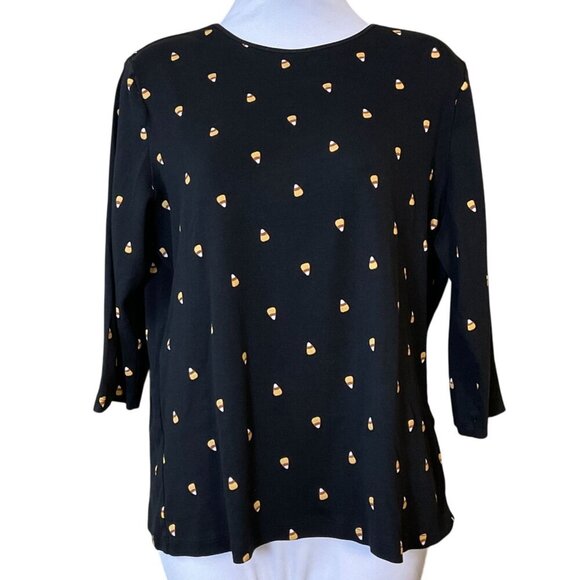 Christopher & Banks 3/4 Sleeve Candy Corn Satin Trim Black Cotton Tee XL - Picture 1 of 6